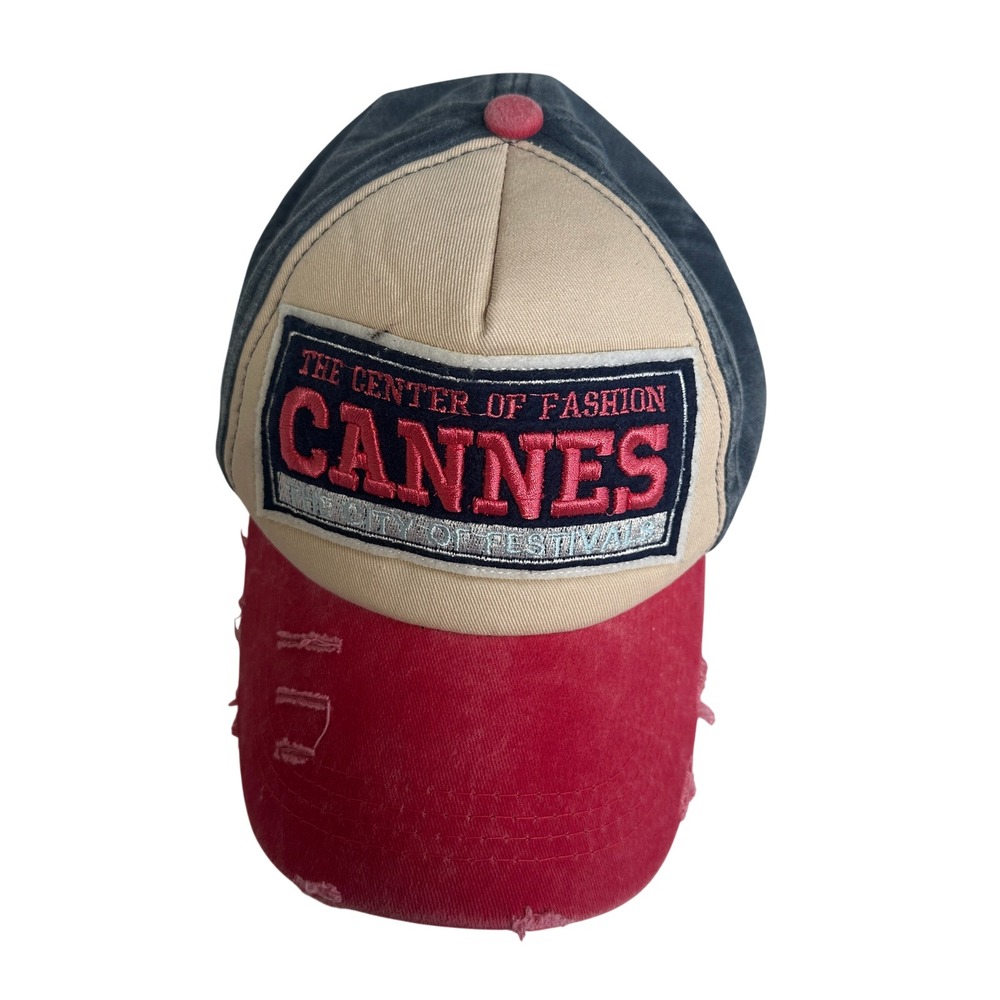 Tour Cannes Fashion Festival Distressed Trucker Hat Navy Red Cotton Strapback